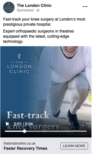 The London Clinic Facebook ad for fast-track knee surgery