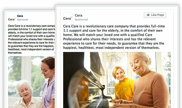 Two examples of support and care adverts for the elderly on Facebook