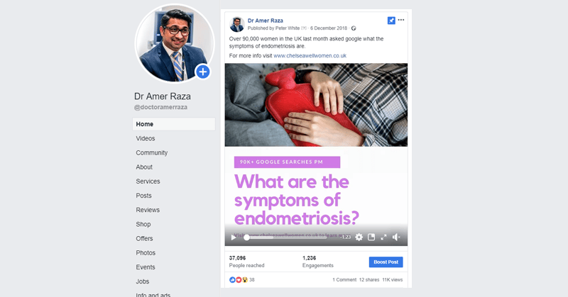Picture of Dr. Amer Raza's Facebook profile, showing video for symptoms of endometriosis